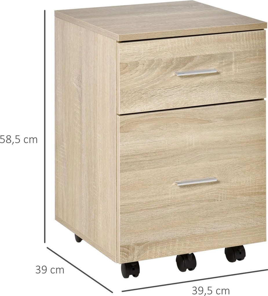 Bloco de Gaveta para Escritório com 2 Compartimentos com Rodas Arquivador Móvel para Arquivos A4 ou Documentos 39,5x39x58,5 cm Carvalho