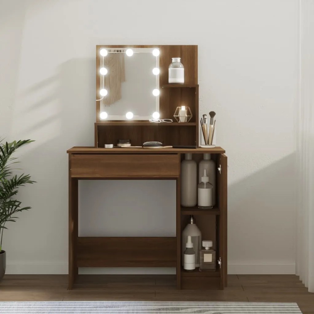 820486 vidaXL Toucador com LEDs 86,5x35x136 cm cor carvalho castanho