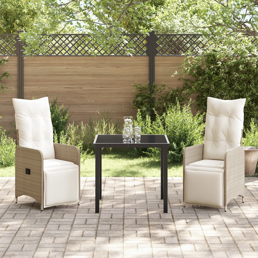 Conjunto de Jantar de Jardim 3 Peças com Almofadas Bege Rattan Poliést
