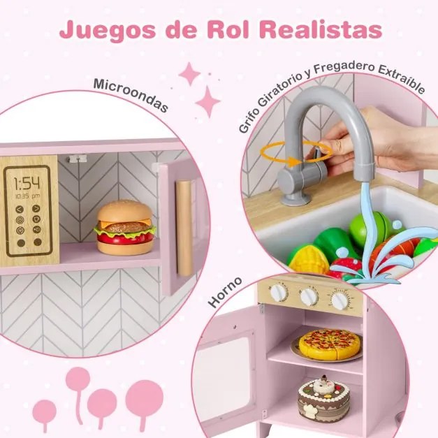 Cozinha de brincar para crianças de madeira 60 x 30 x 85 cm com luzes, sons, micro-ondas, fogão, lava-louças, forno e acessórios Rosa