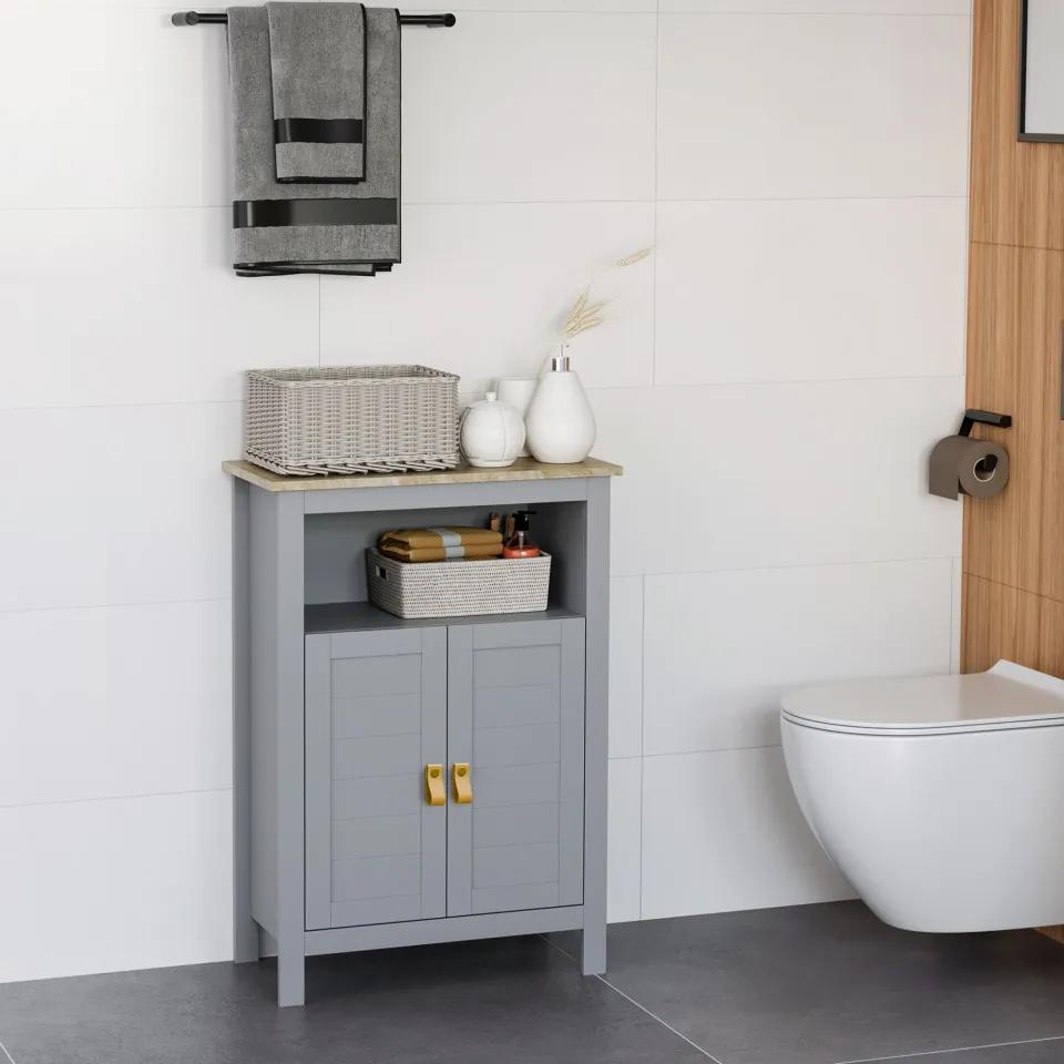 Kleankin Armário de banheiro para armazenamento Armário de piso com 2 portas e prateleiras internas ajustáveis para cozinha Quarto Sala de estar 59x30x85 cm Cinza