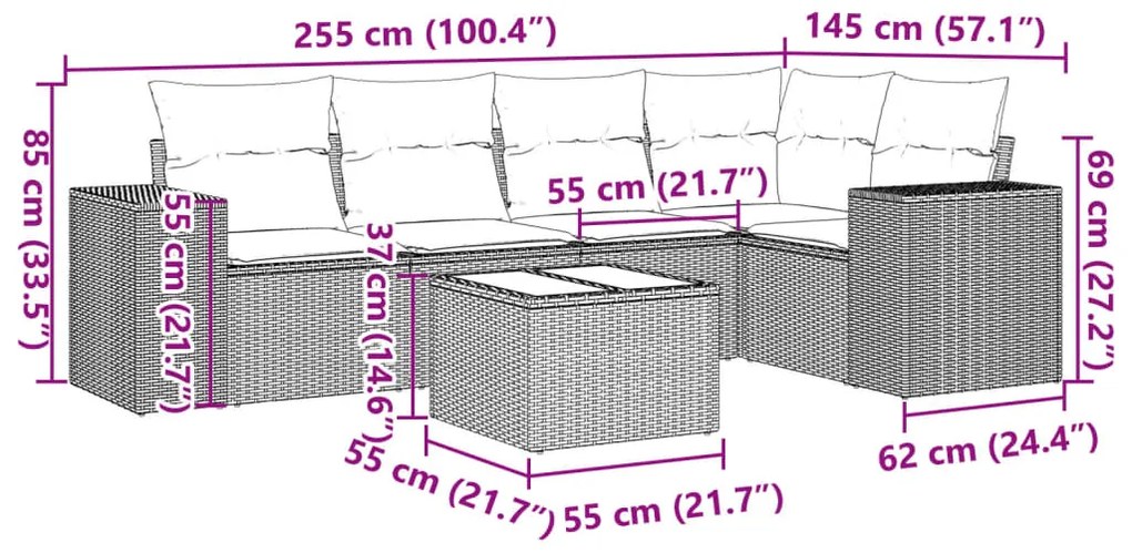 6 pcs conjunto sofás de jardim com almofadões vime cinzento