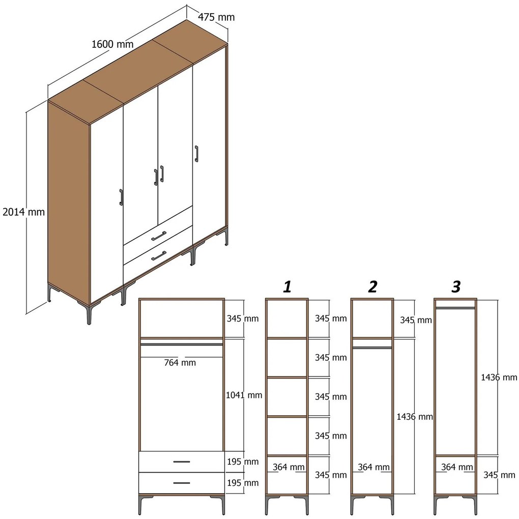 Roupeiro Kumsal PTP – Nogueira e Branco – 160 x 47,5 x 201,4 cm