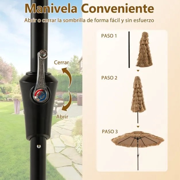 Guarda-sol de 313 cm com luzes LED Estilo havaiano Cabo basculante Palha PE Natural + Preto