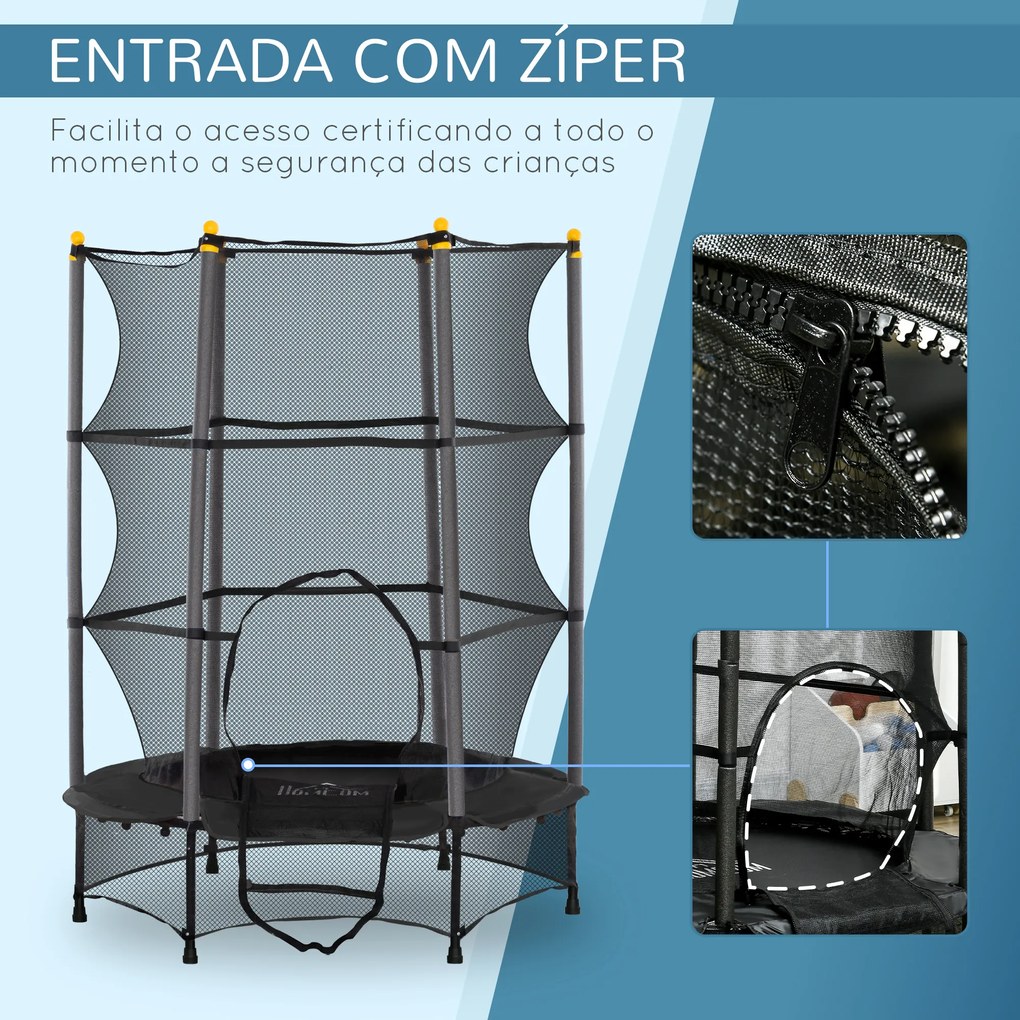 Trampolim para Crianças com Rede de Segurança e Estrutura de Aço para Interiores e Exteriores Carga 50kg Ø140x190 cm Preto