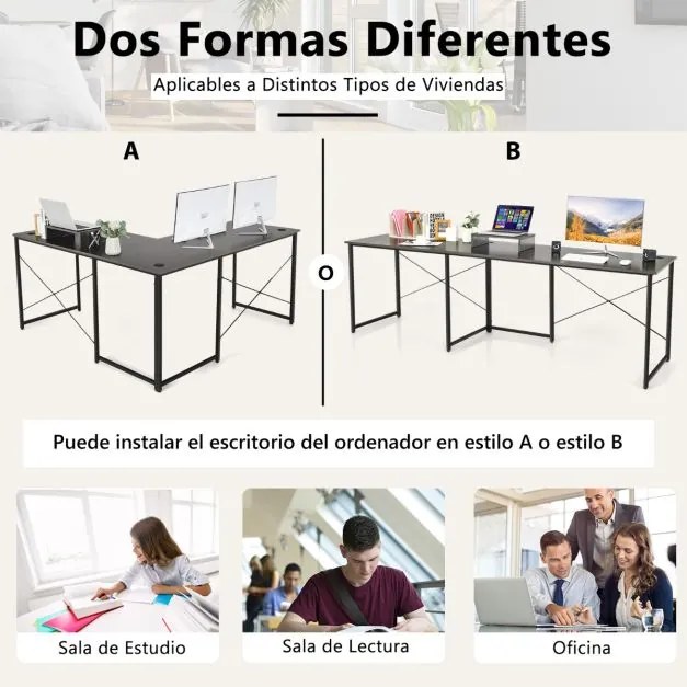 Secretária Mesa de computador em forma de L Mesa de canto reversível com orifícios para cabos para escritório em casa 150 x 150 x 74 cm Castanho escur