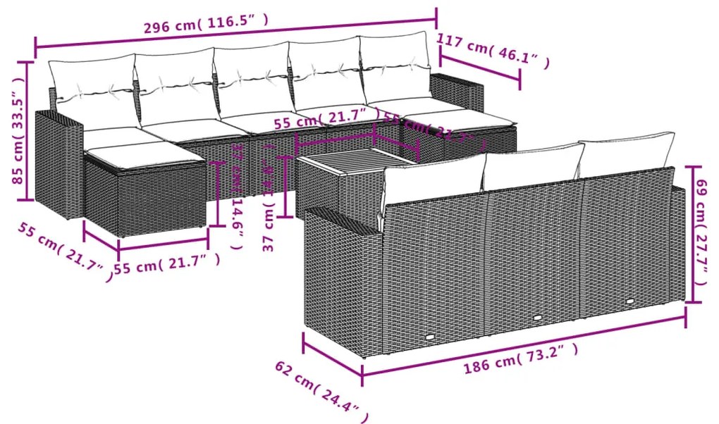 11 pcs conjunto sofás de jardim c/ almofadões vime PE cinzento