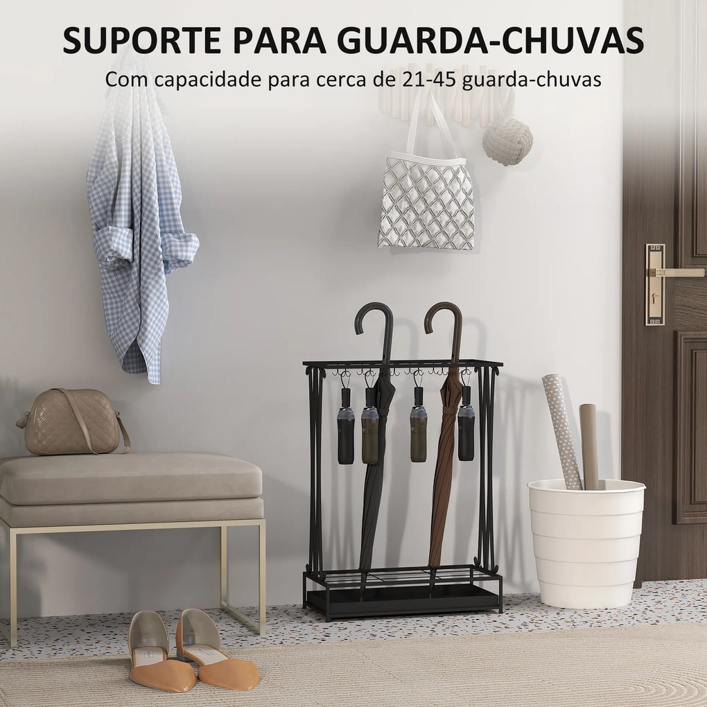 Suporte para Guarda-Chuva Moderno Retangular com 24 Ganchos 21 Espaços e Bandeja Recolhedora de Gotas 50x24x68 cm Preto