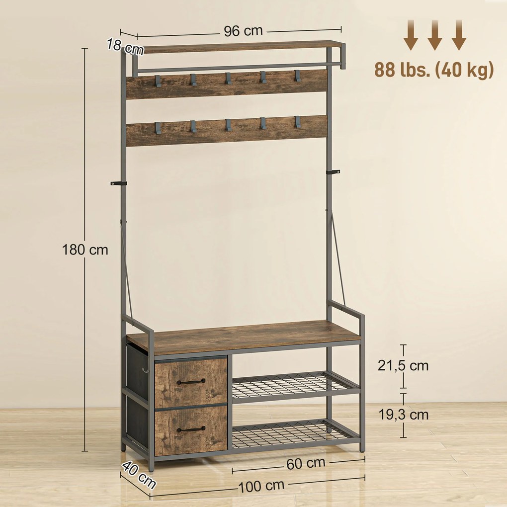 Móvel Cabide de Entrada com Banco 10 Ganchos 2 Gavetas e Barra para Pendurar Estilo Industrial 100x40x180 cm Castanho Rústico
