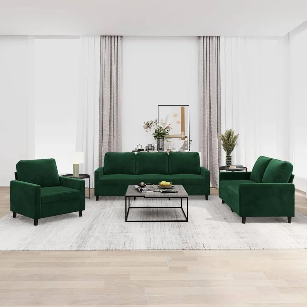 vidaXL 3 pcs conjunto de sofás com almofadões veludo verde-escuro