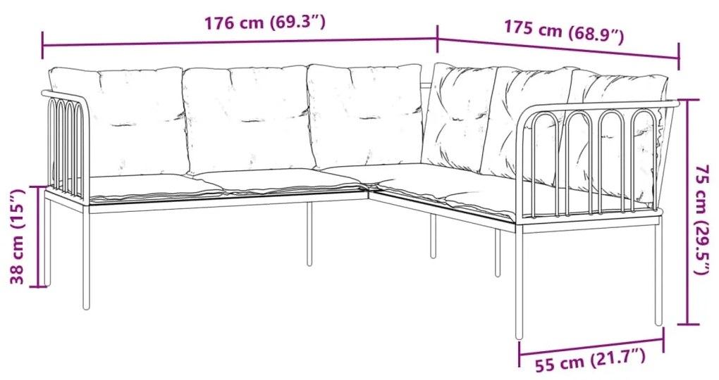 Conjunto de sofás de jardim c/ almofadões aço/textilene preto