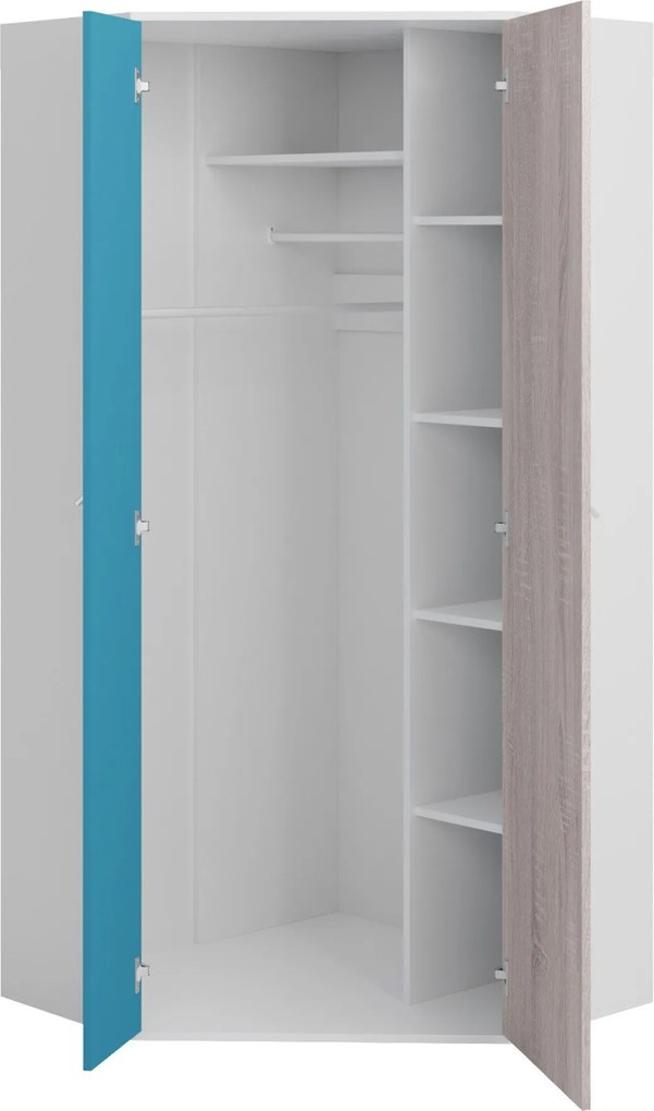 Roupeiro de canto Camteso 100, Carvalho, Turquesa, Branco, 190x90x90cm, 71 kg, Portas para roupeiro: Com dobradiças, Número de prateleiras: 5, Número de prateleiras: 5