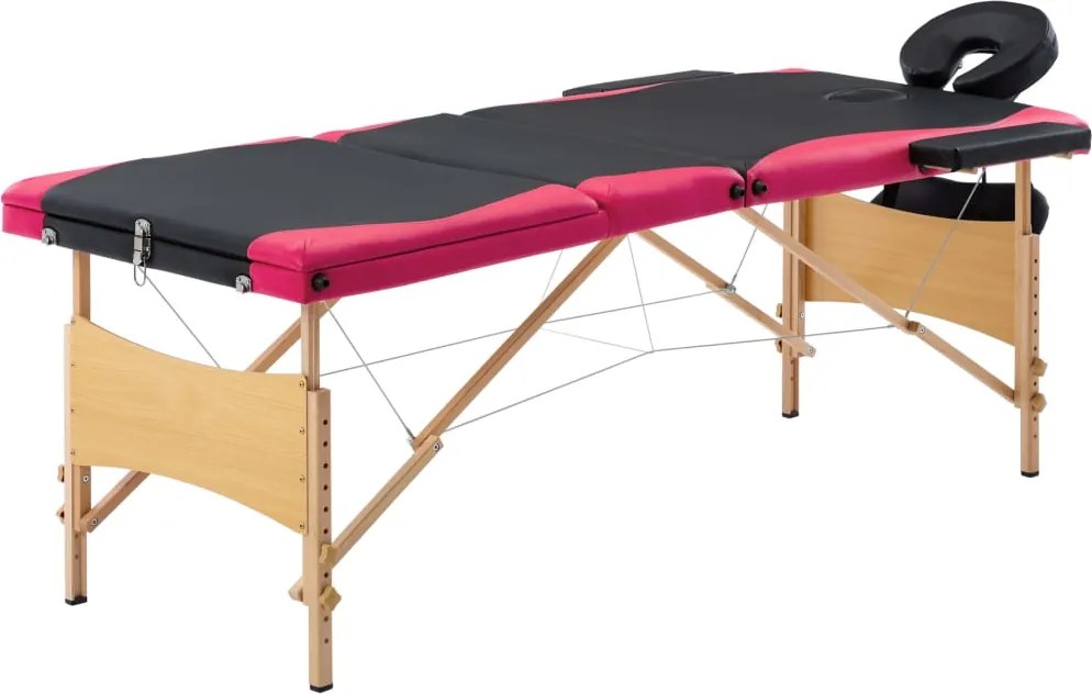 vidaXL Mesa de massagens dobrável 3 zonas madeira preto e rosa