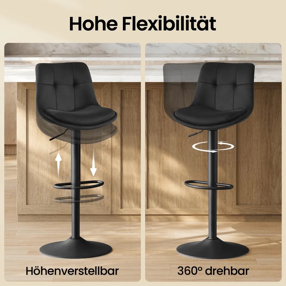 Conjunto 2 bancos de bar, com encosto e apoio para os pés, reguláveis em altura 48,5 x 43 x (93,5-114) cm Pretos