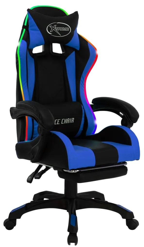 Cadeira estilo corrida c/ luzes LED RGB couro artif. azul/preto