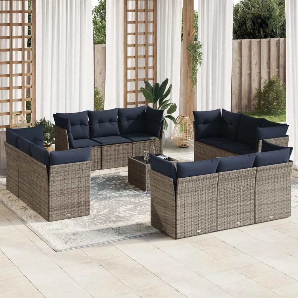 vidaXL 13 pcs conjunto sofás p/ jardim c/ almofadões vime PE cinzento