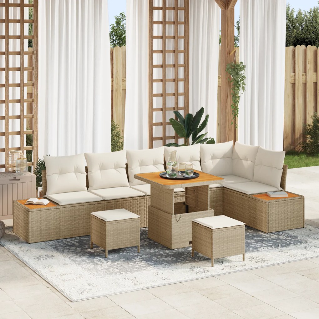 Conjunto de Sofá de Jardim vidaXL com 9 Peças e Almofadas Bege Rattan Acácia