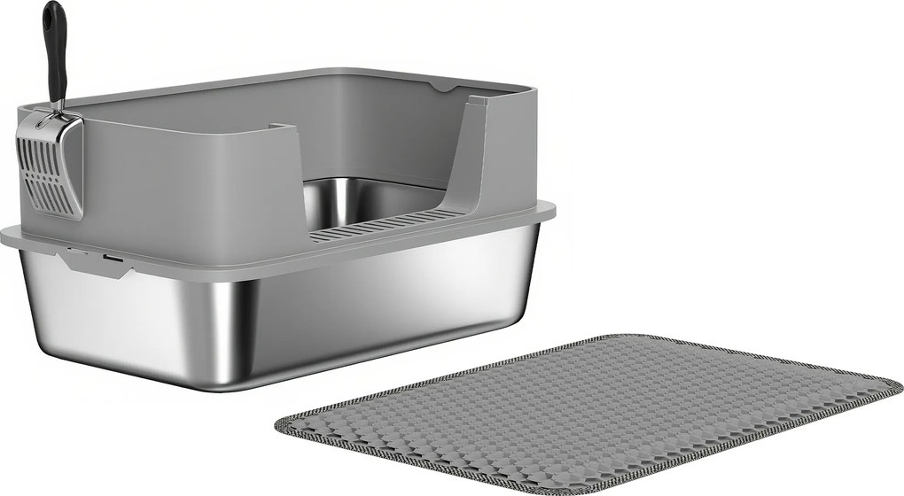 Caixa de areia XL em aço inoxidável, casa de higiene para gatos de grande porte, fácil de limpar, 60,2 x 40,2 x 29,5 cm, cinzenta