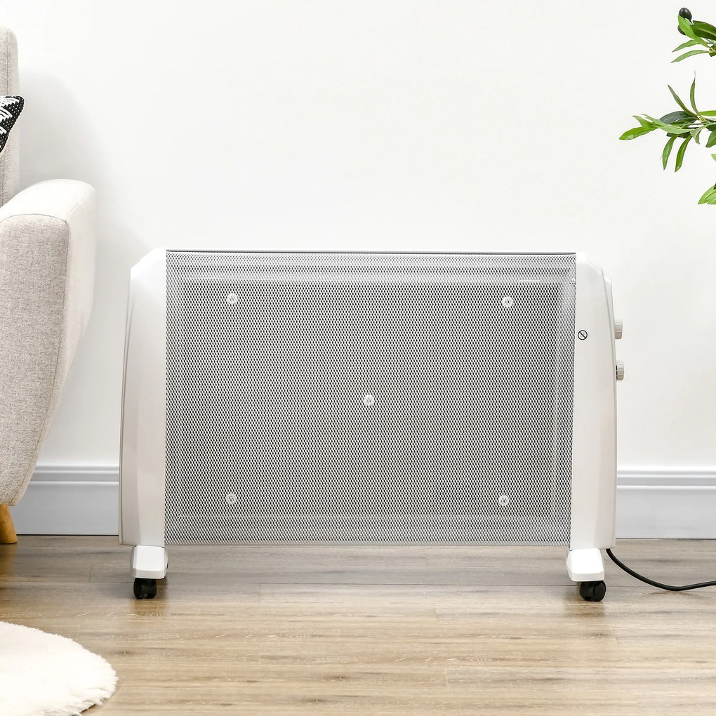 HOMCOM Aquecedor Elétrico 1000W/2000W Aquecedor de Mica com 2 Níveis de Potência Termostato Regulável e 4 Rodas para Ambientes de 15-20 m² Silencioso 79x27x54 cm Branco