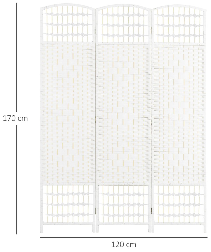 Biombo Separador de Ambientes de 3 Painéis 120x170 cm Divisória de Ambientes Dobrável com Corda de Papel e Estrutura de Madeira Branco