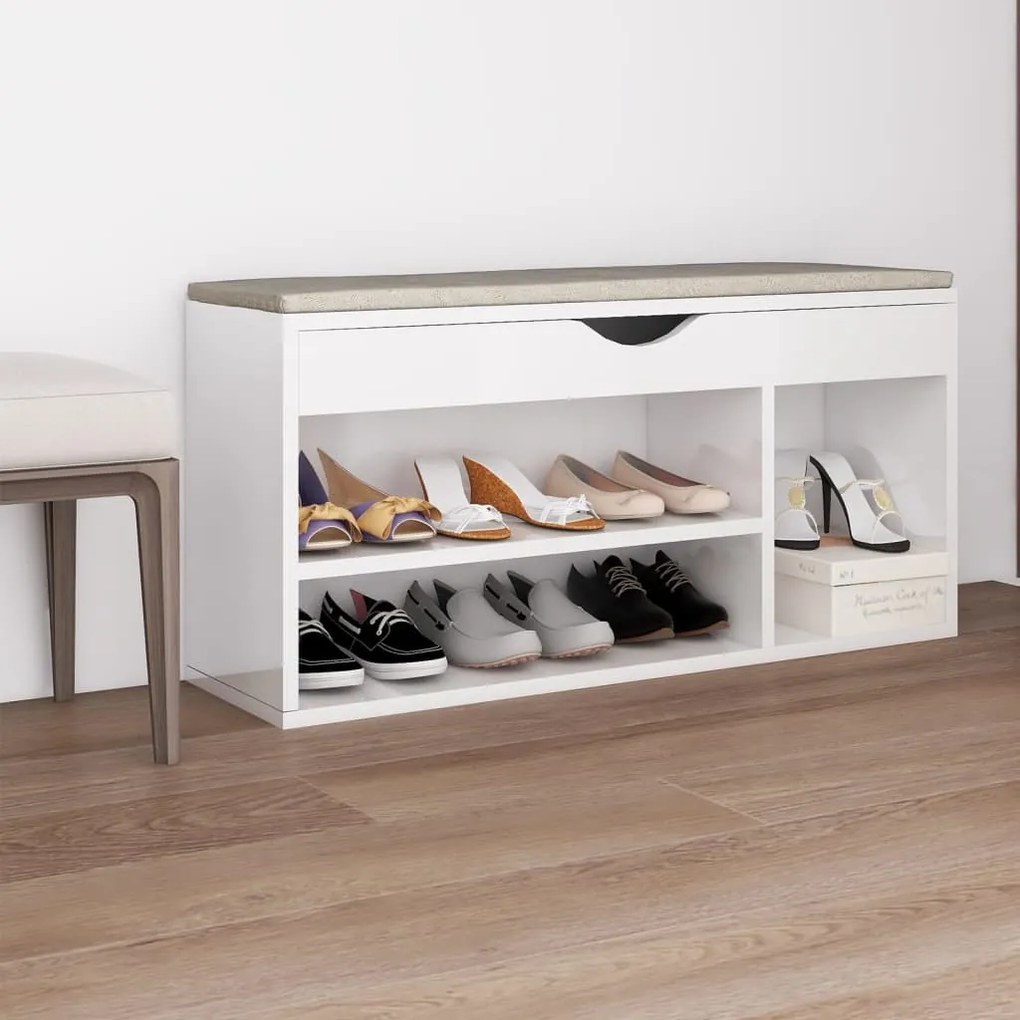 326756 vidaXL Banco sapateira + almofadão contr. 104x30x49cm branco brilhante