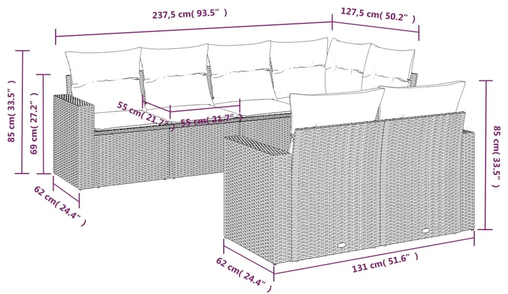 7 pcs conjunto sofás p/ jardim c/ almofadões vime PE cinzento