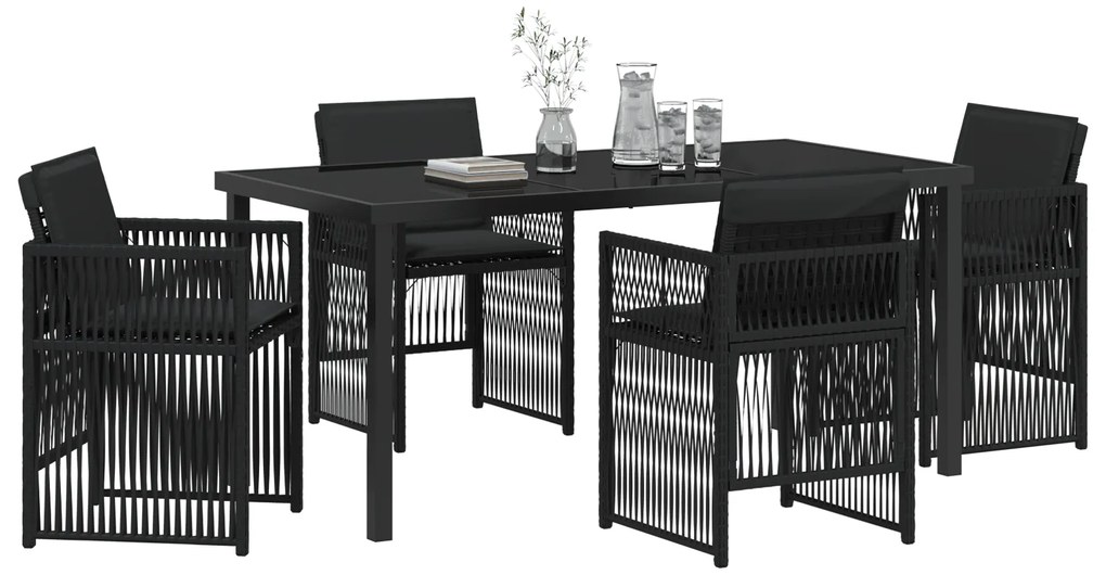 Conjunto de Jantar de 5 Peças vidaXL com Almofadas em Polyrattan Preto