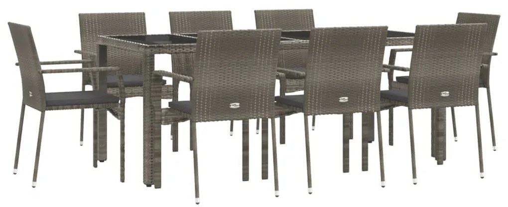 9 pcs conjunto de jantar p/ jardim c/ almofadões vime PE cinza