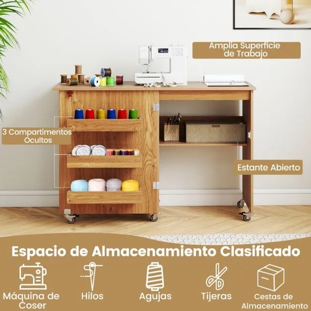 Mesa de costura dobrável com prateleira, 3 compartimentos ocultos e rodas bloqueáveis, 118,5 x 40 x 79,5 cm, natural