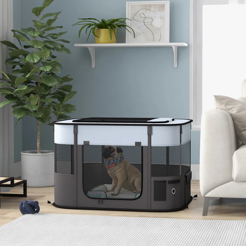 Parque dobrável para cães, gatos e pequenos animais, em tecido Oxford, com espaço de arrumação, 84 x 64 x 53 cm, cinzento e preto