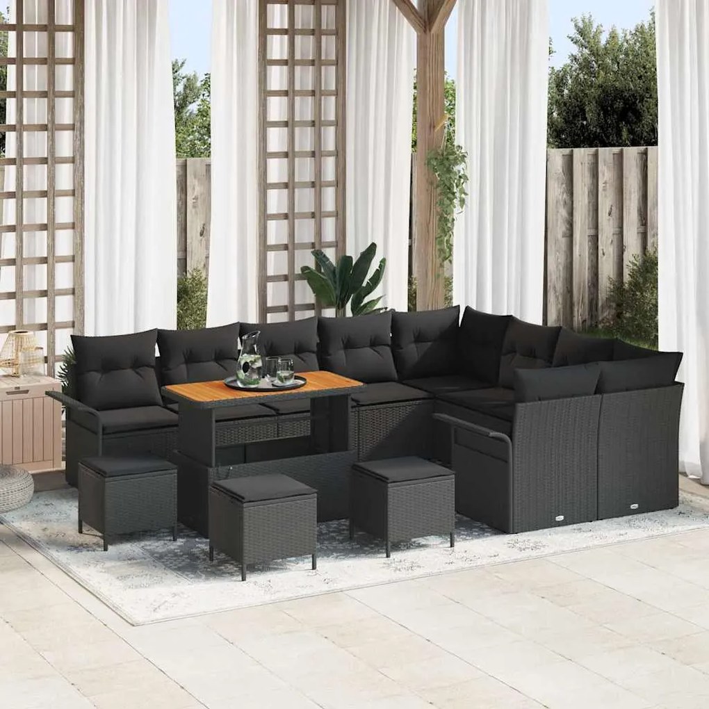 vidaXL Conjunto de Sofá de Jardim com almofada 13 pcs Preto vime PE
