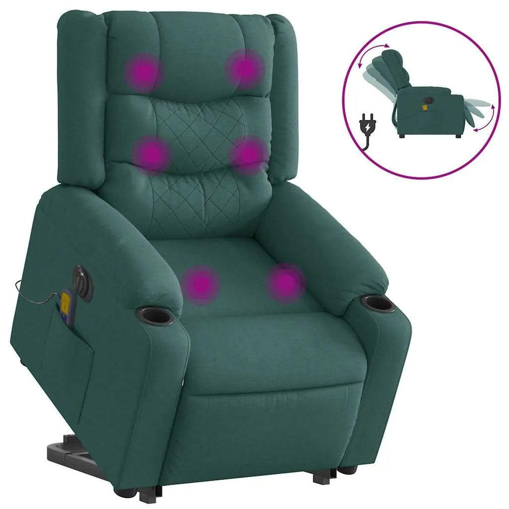 Poltrona elétrica elevatória massagens tecido verde-escuro