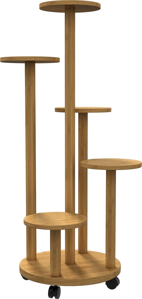 Suporte para Plantas em Bambu com Rodas de 5 Níveis Estante Redonda para Plantas para Cantos 33x33x90 cm Madeira