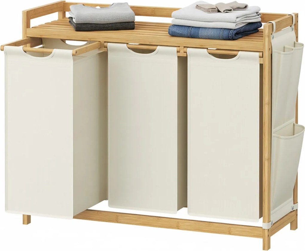 Cesto da roupa suja com 3 compartimentos, bambu 150 L, 93,8 x 33,8 x 78 cm branco