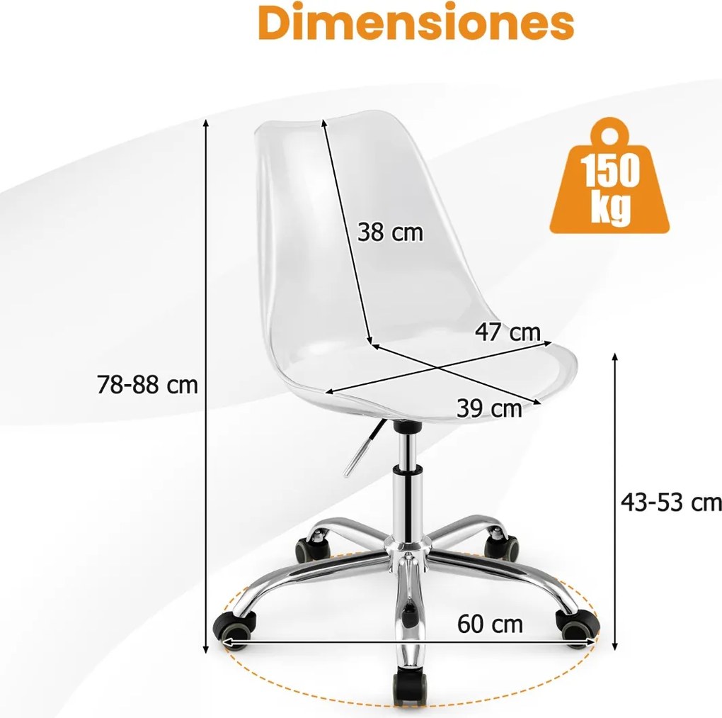 Cadeira de escritório em acrílico com rodas, assento giratório, almofada em couro e altura ajustável transparente