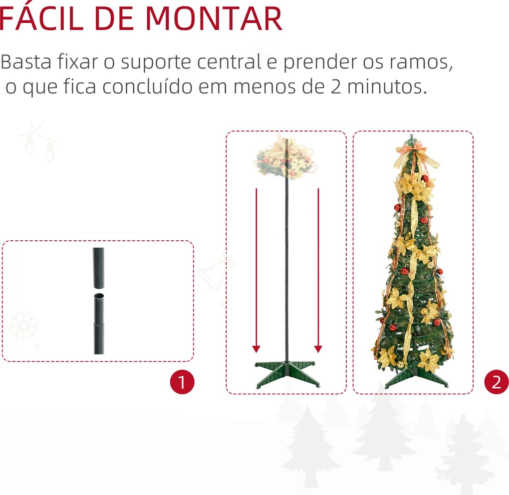Árvore de Natal Dobrável 180 cm Árvore de Natal Artificial com Luzes LED e Decorações Pré-Instaladas  Ø60x180 cm Verde