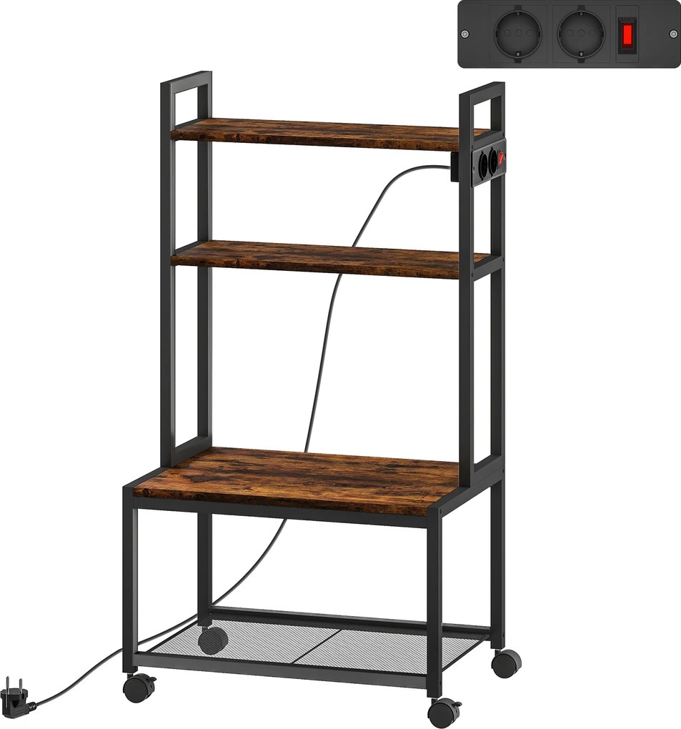 Suporte para Impressora com Estação de Carregamento Móvel para Impressora de 4 Níveis com Rodas e Estrutura Metálica 55x37,5x100 cm Castanho Rústico