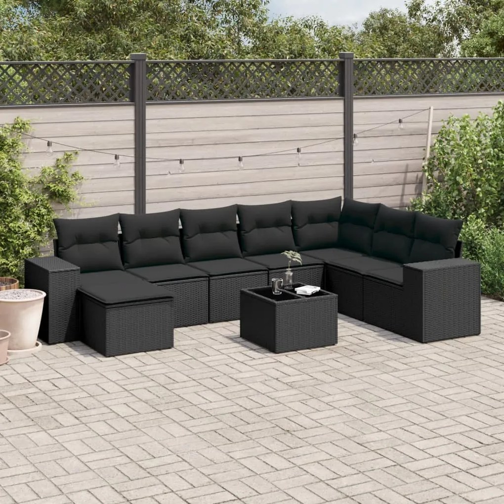 9 pcs conjunto de sofás p/ jardim c/ almofadões vime PE preto