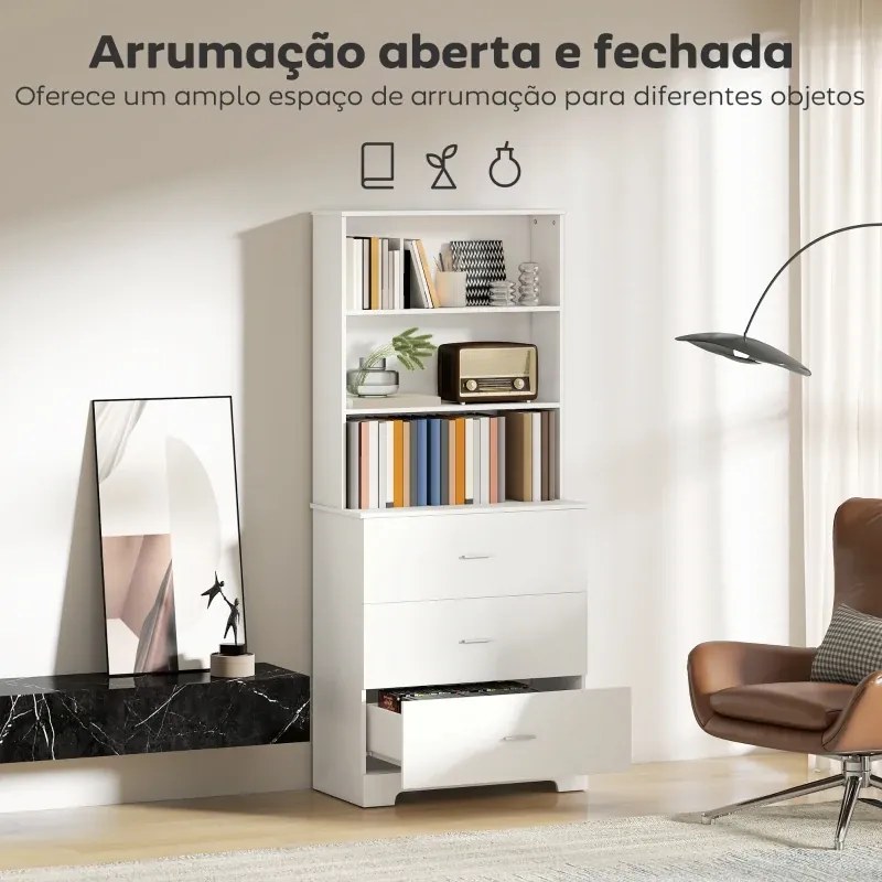 Estante para Livros 79x39,5x182,2 cm de 6 Níveis Estante com 3 Gavetas 3 Prateleiras Abertas  Branco