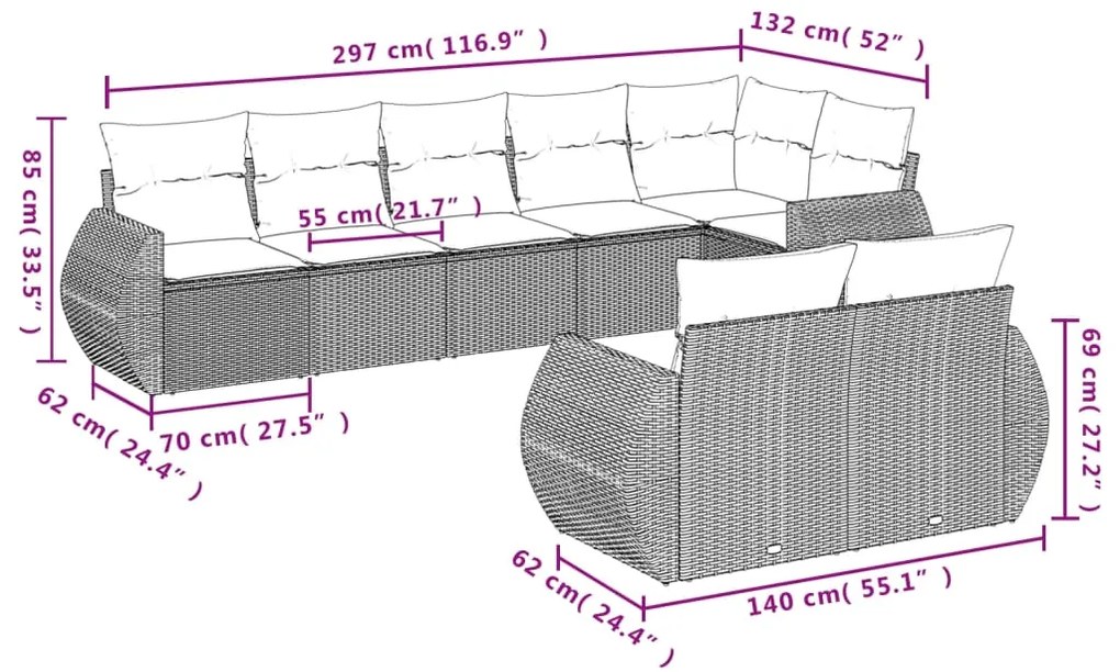 8 pcs conjunto sofás de jardim com almofadões vime PE preto