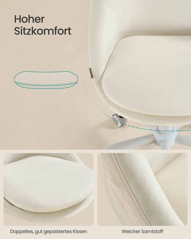 Cadeira de escritório, com altura ajustável e almofada estofada em branco creme