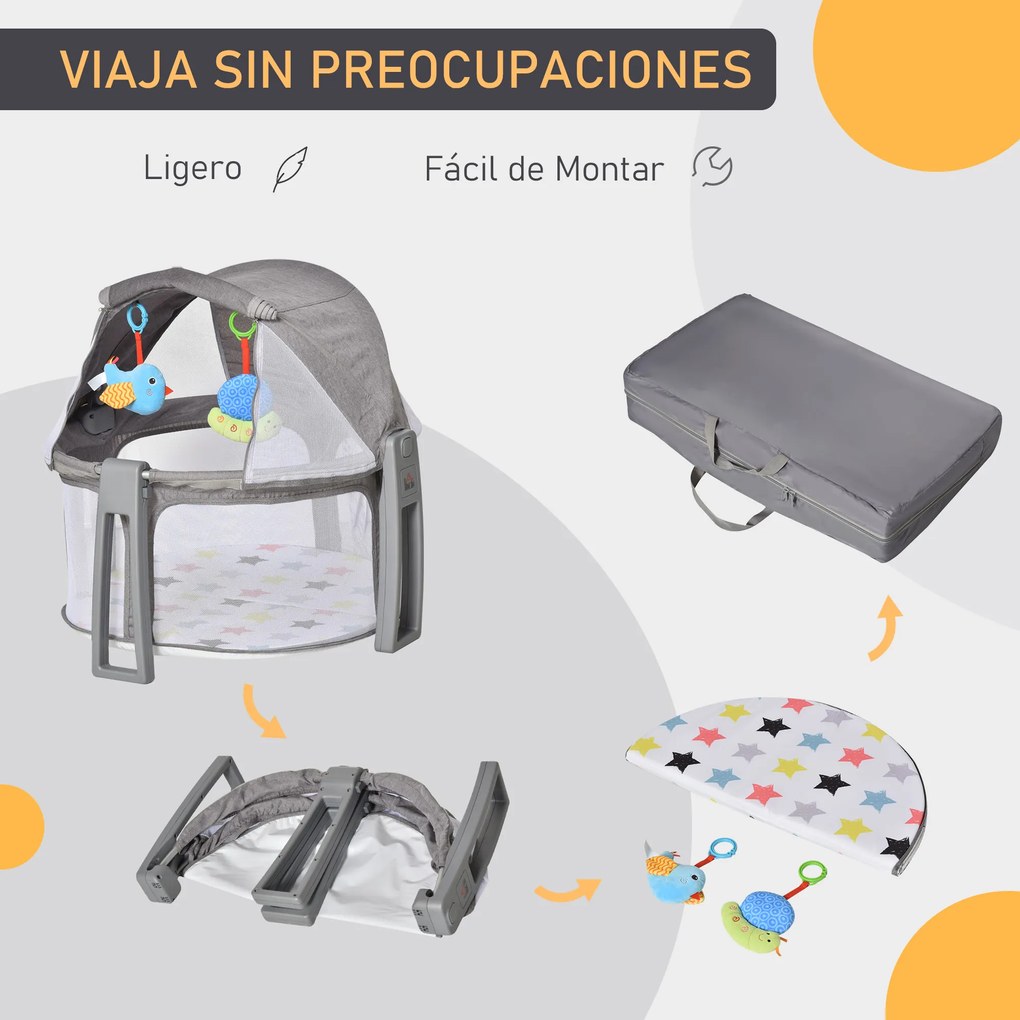 HOMCOM Berço dobrável e portátil para viagem Berço infantil com bolsa de transporte coberta removivel carga 15 kg 70x74x78 cm cinza