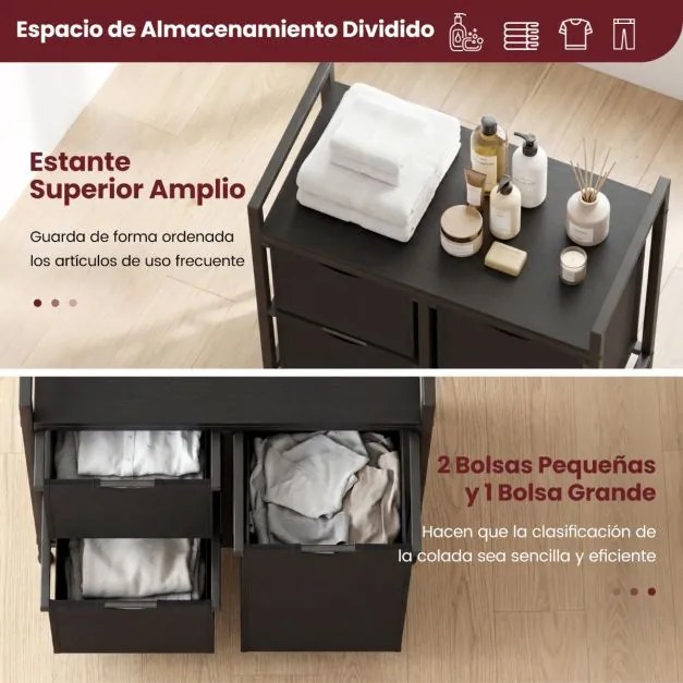 Cesto para roupa suja 66,5 cm x 33 cm x 72 cm com prateleira e 3 sacos removíveis para casa de banho e quarto Preto