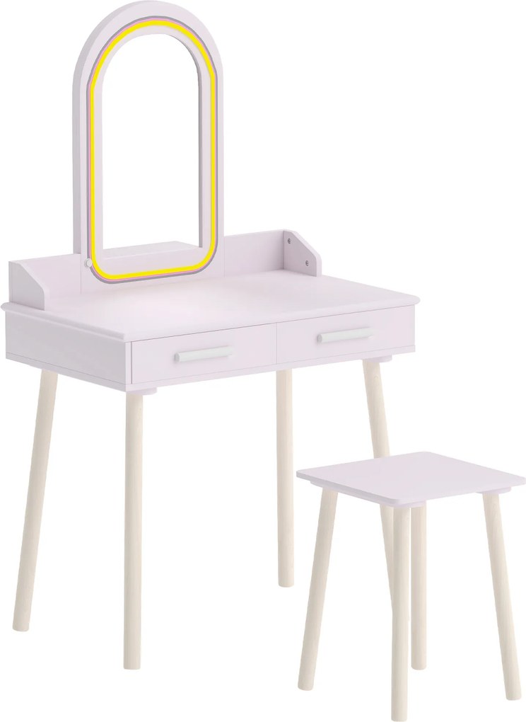 AIYAPLAY Toucador Infantil para Menina com Espelho LED de 3 Cores, Banco e 2 Gavetas, 3-8 Anos, Rosa | Aosom Portugal