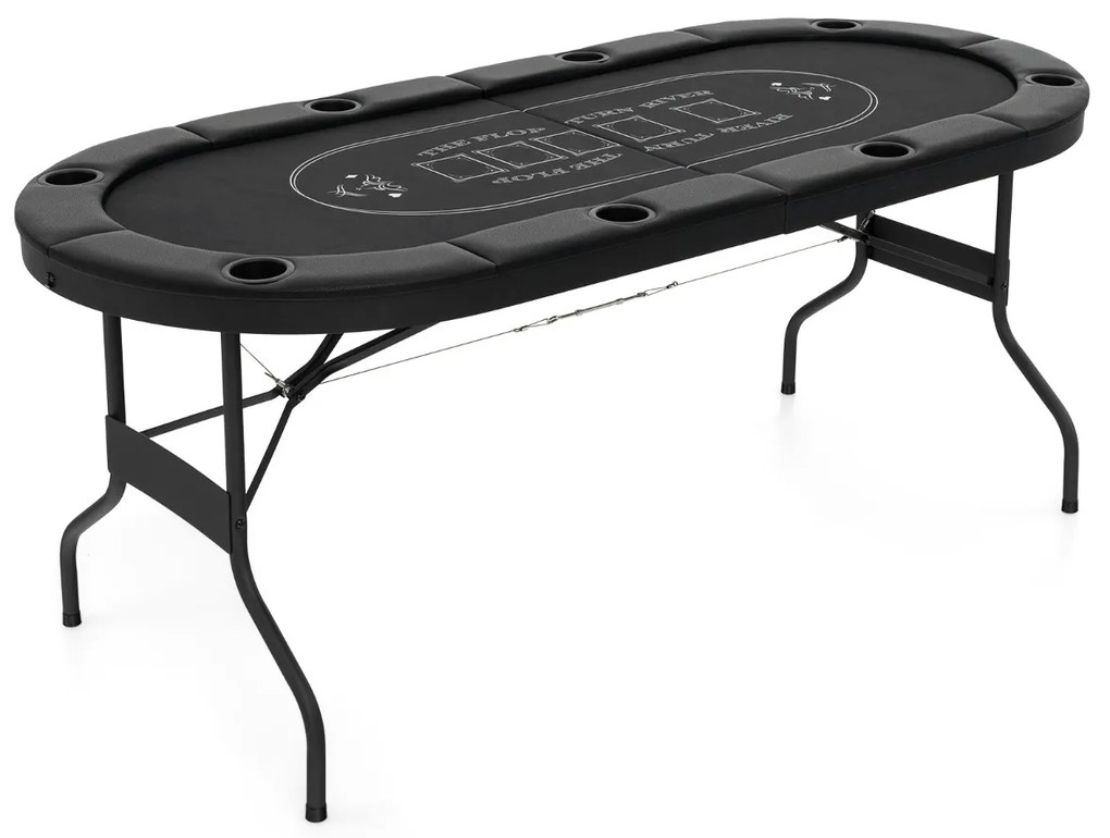 Mesa de póquer dobrável de 182 cm para 8 jogadores oval portátil para jogos com porta-copos e grades acolchoadas para casa Preto