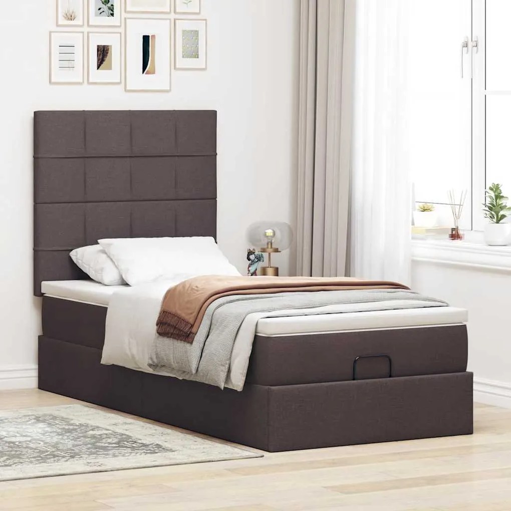Cama otomana com colchão 90x200 cm tecido castanho escuro