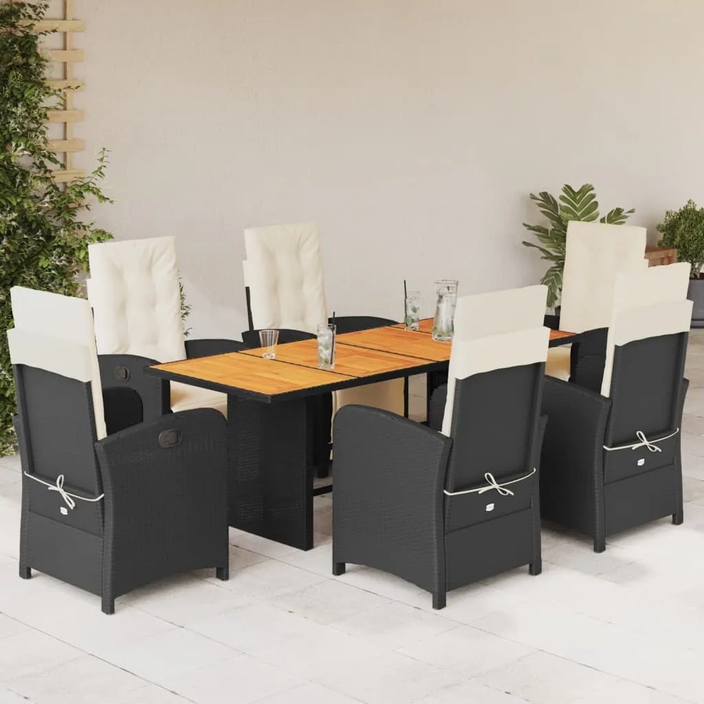 7 pcs conjunto de jantar p/ jardim c/ almofadões vime PE preto