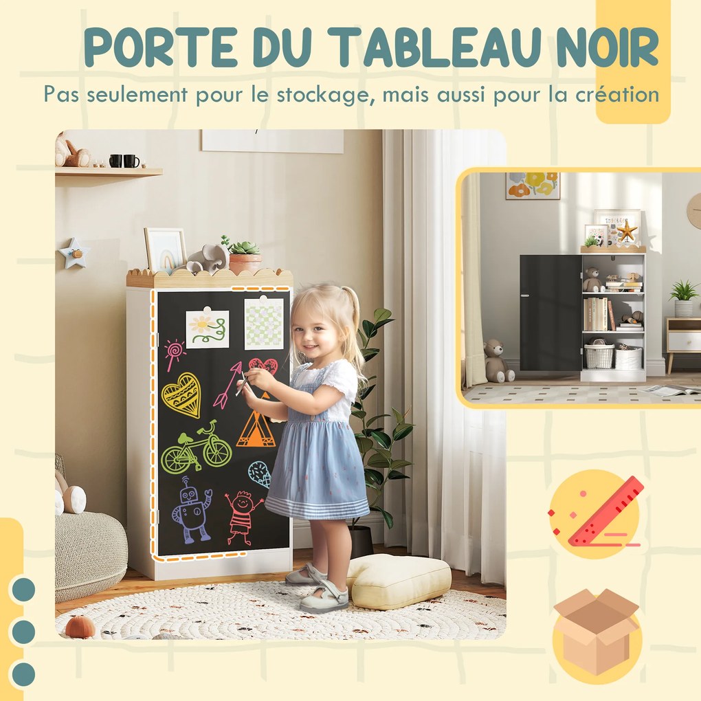 Móvel de arrumação infantil 48 L x 30 P x 100 A cm, arrumação para brinquedos com porta em quadro negro, 3 compartimentos e prateleira superior, branc