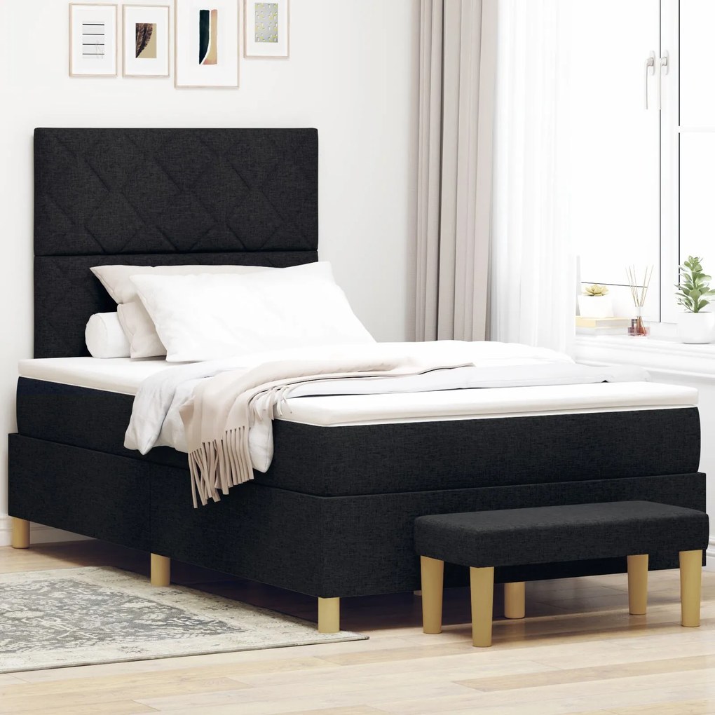 Cama Box Spring com Colchão e Banco Preto 120x200 cm Tecido
