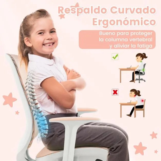 Cadeira giratória para crianças com altura ajustável, rodas com travão e apoios de braços. ergonómica rosa
